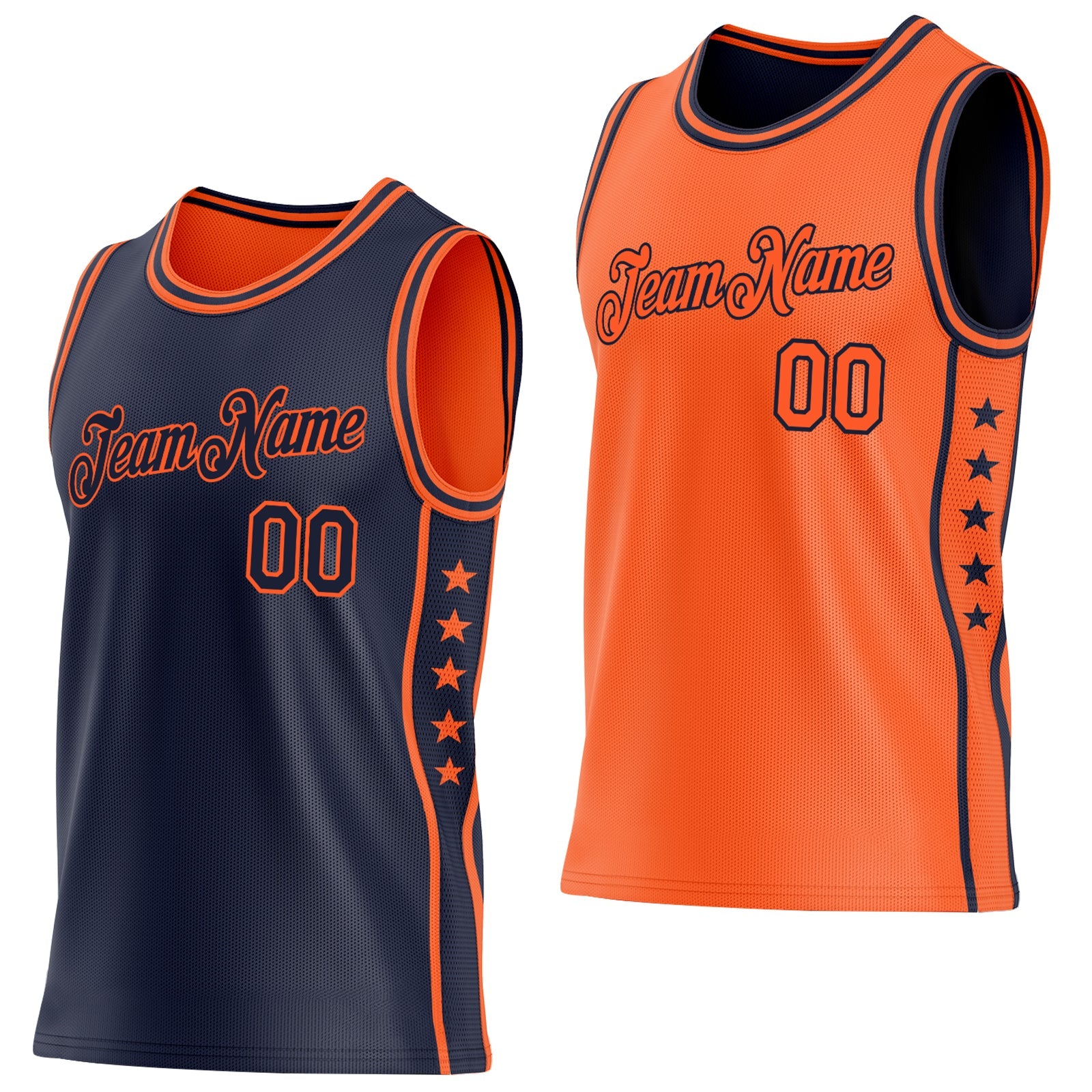 Custom Reversible Navy Orange Double Side Star Sublimation Basketball Set Jersey - Main View
