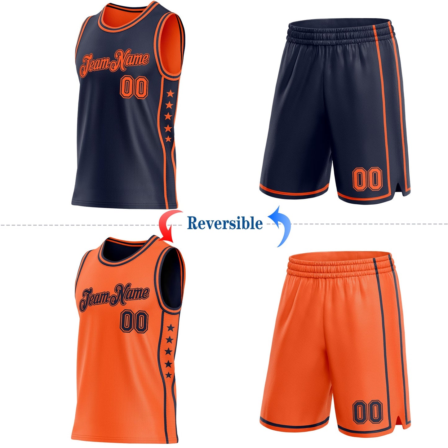 Custom Reversible Navy Orange Double Side Star Sublimation Basketball Set Jersey view 2