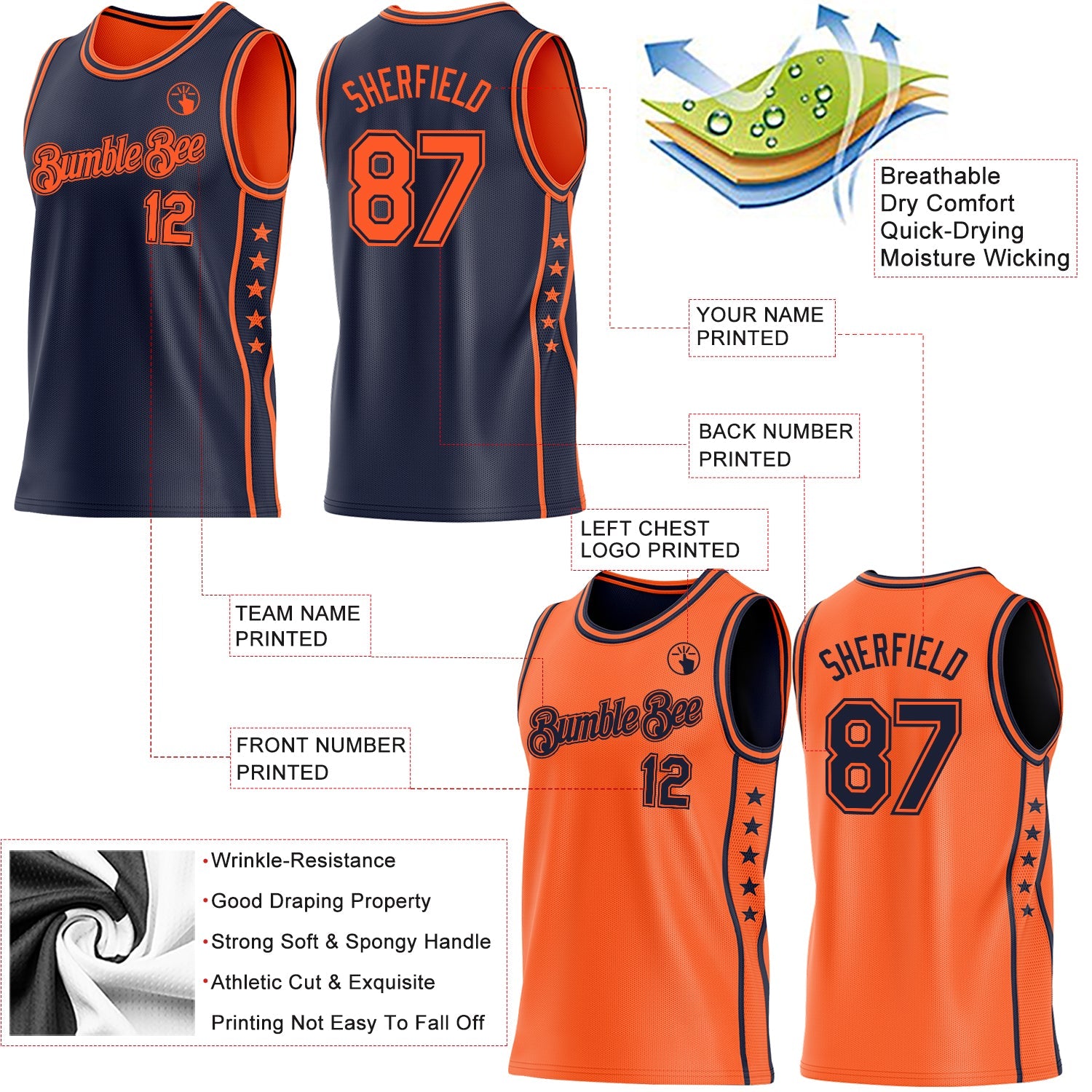 Custom Reversible Navy Orange Double Side Star Sublimation Basketball Set Jersey view 5