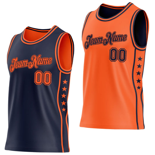 Custom Reversible Navy Orange Double Side Star Sublimation Basketball Set Jersey - Main View