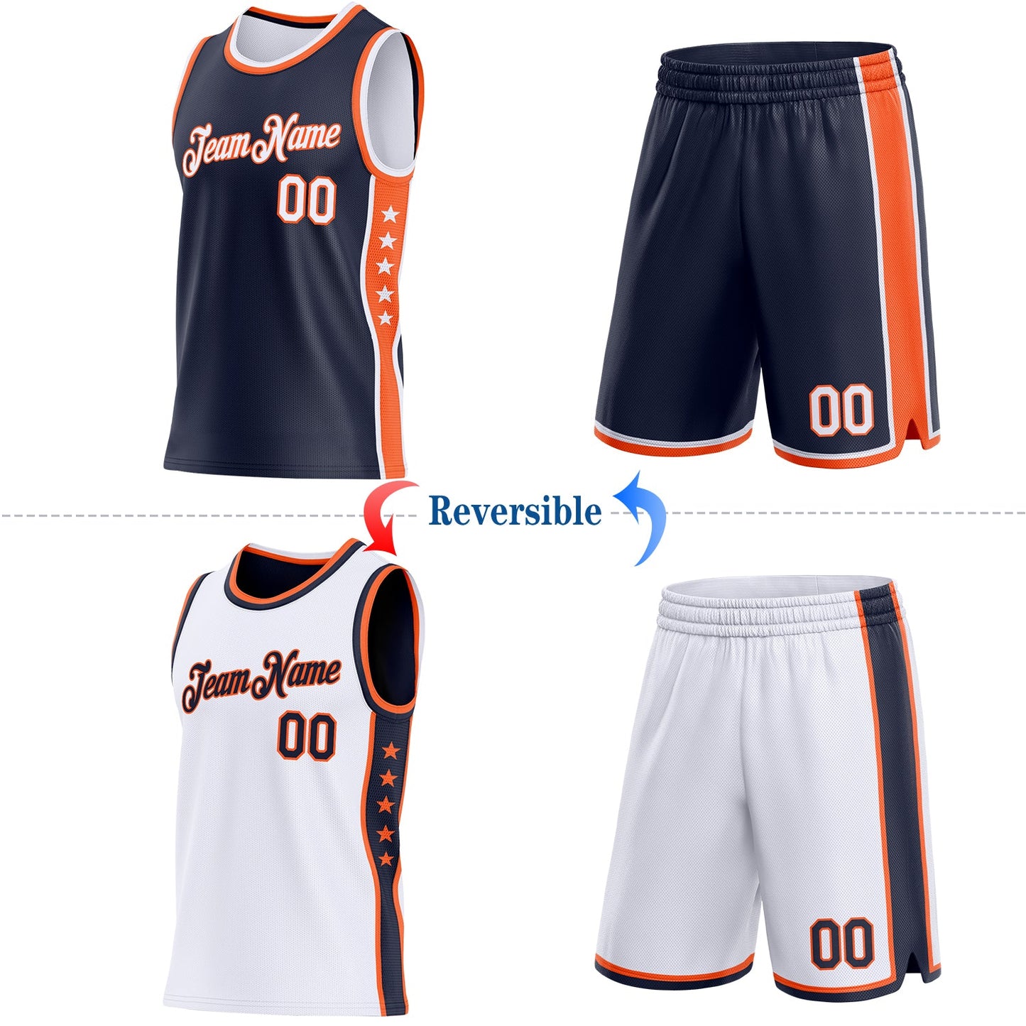 Custom Reversible Navy White-Orange Double Side Star Sublimation Basketball Set Jersey view 2