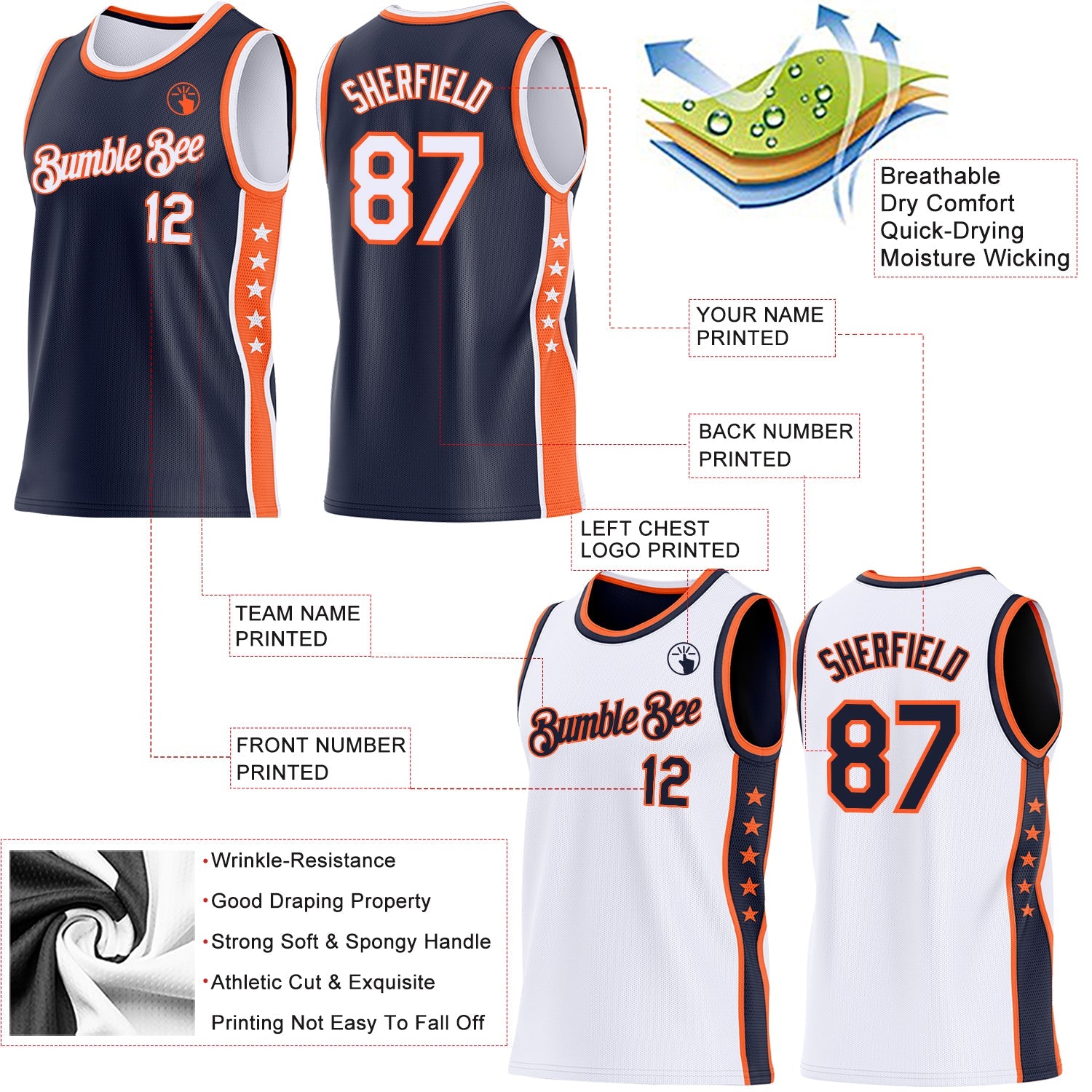 Custom Reversible Navy White-Orange Double Side Star Sublimation Basketball Set Jersey view 5