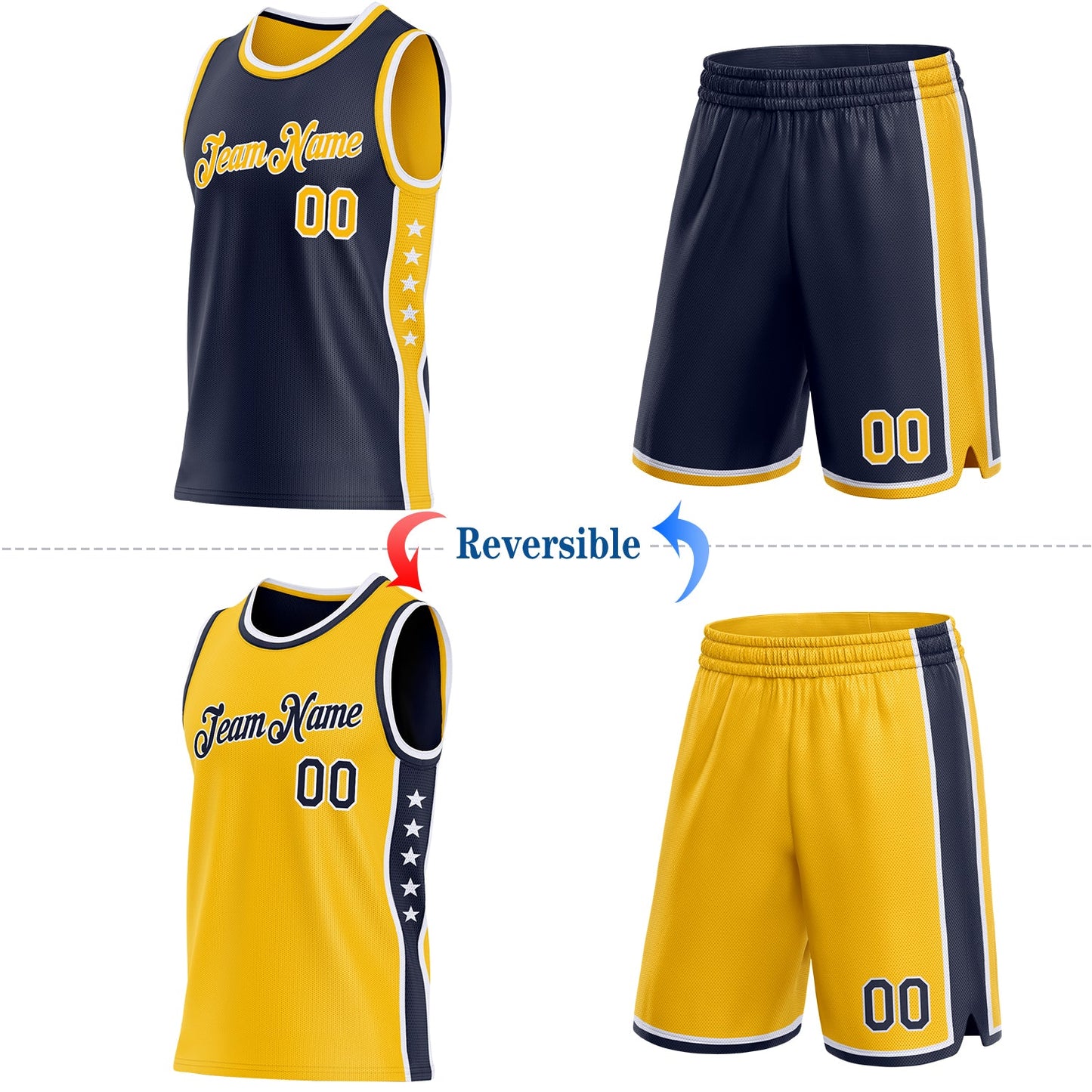 Custom Reversible Navy Gold-White Double Side Star Sublimation Basketball Set Jersey view 2