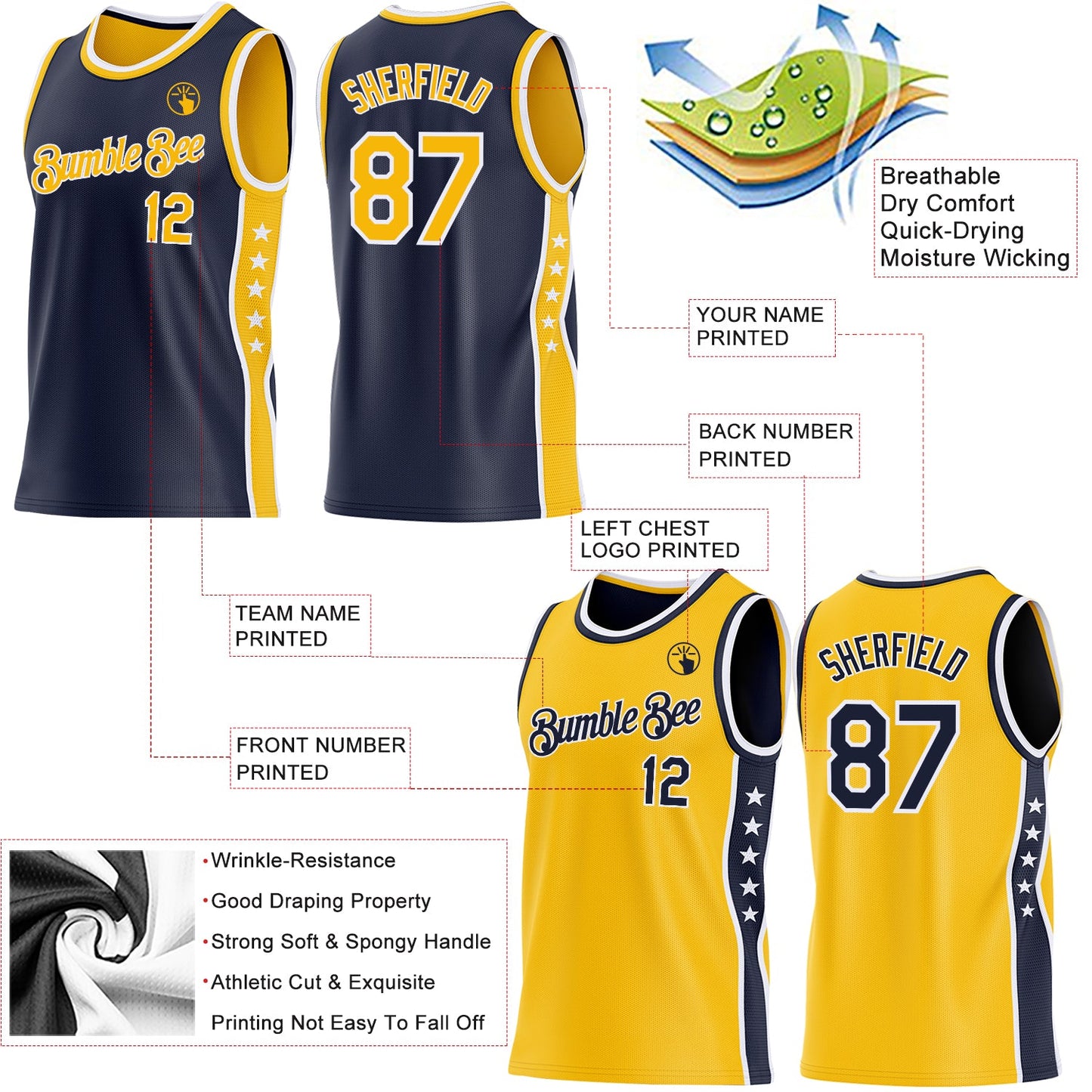 Custom Reversible Navy Gold-White Double Side Star Sublimation Basketball Set Jersey view 5
