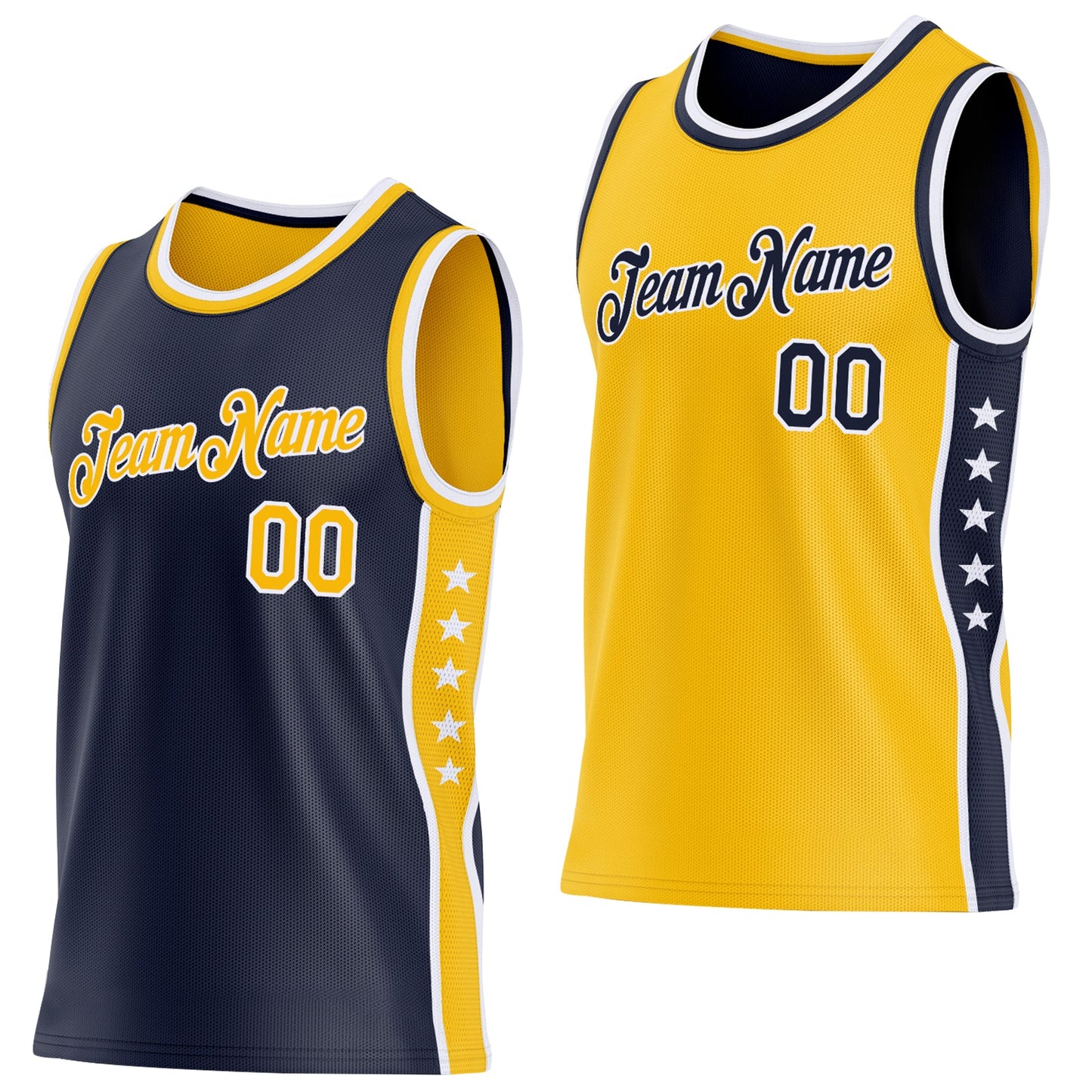 Custom Reversible Navy Gold-White Double Side Star Sublimation Basketball Set Jersey - Main View