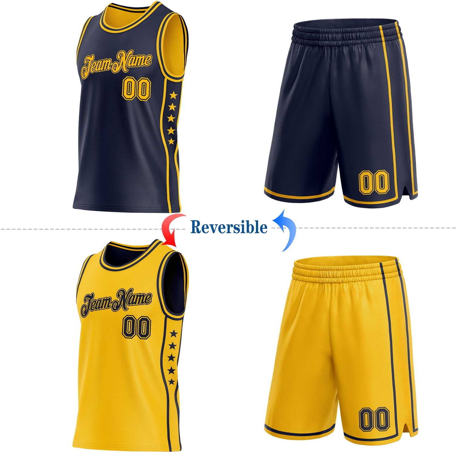 Custom Reversible Navy Gold Double Side Star Sublimation Basketball Set Jersey view 2