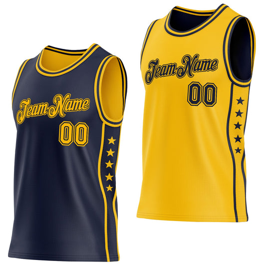 Custom Reversible Navy Gold Double Side Star Sublimation Basketball Set Jersey - Main View
