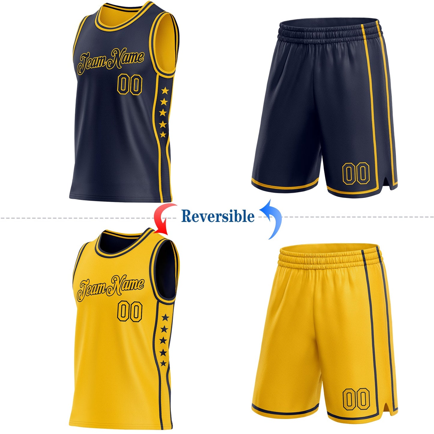 Custom Reversible Navy Gold Double Side Star Sublimation Basketball Set Jersey view 2