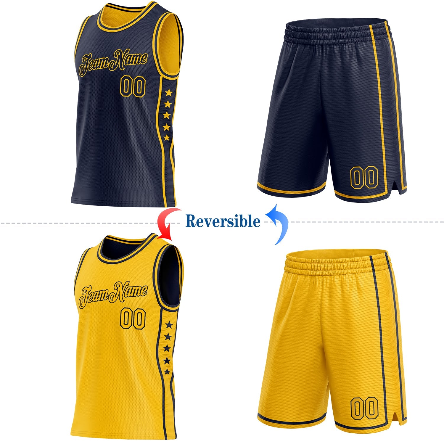 Custom Reversible Navy Gold Double Side Star Sublimation Basketball Set Jersey view 2