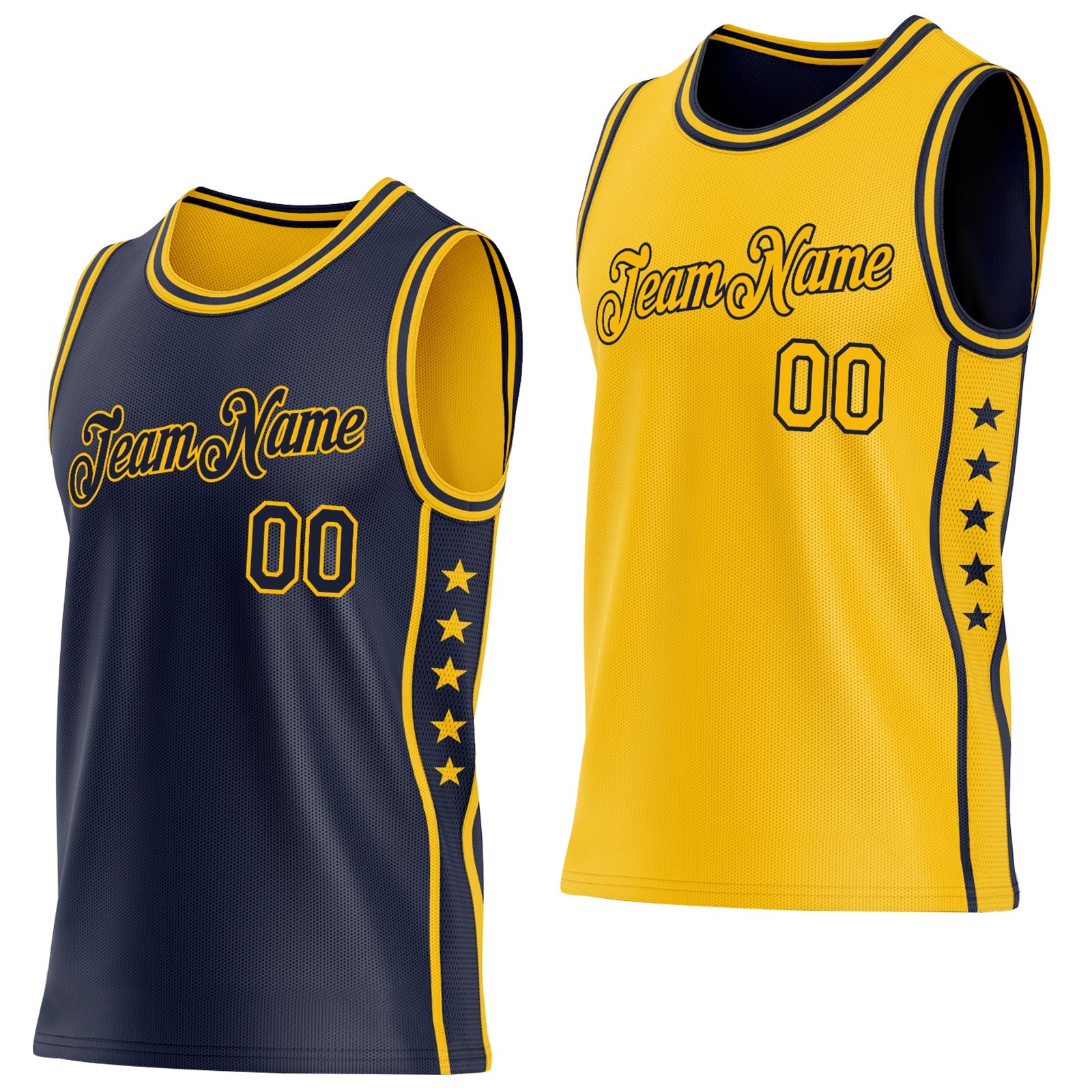 Custom Reversible Navy Gold Double Side Star Sublimation Basketball Set Jersey - Main View