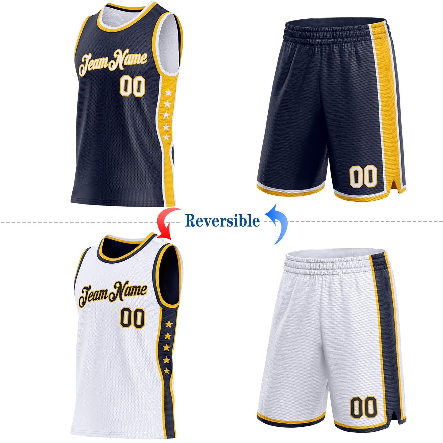 Custom Reversible Navy White-Gold Double Side Star Sublimation Basketball Set Jersey view 2