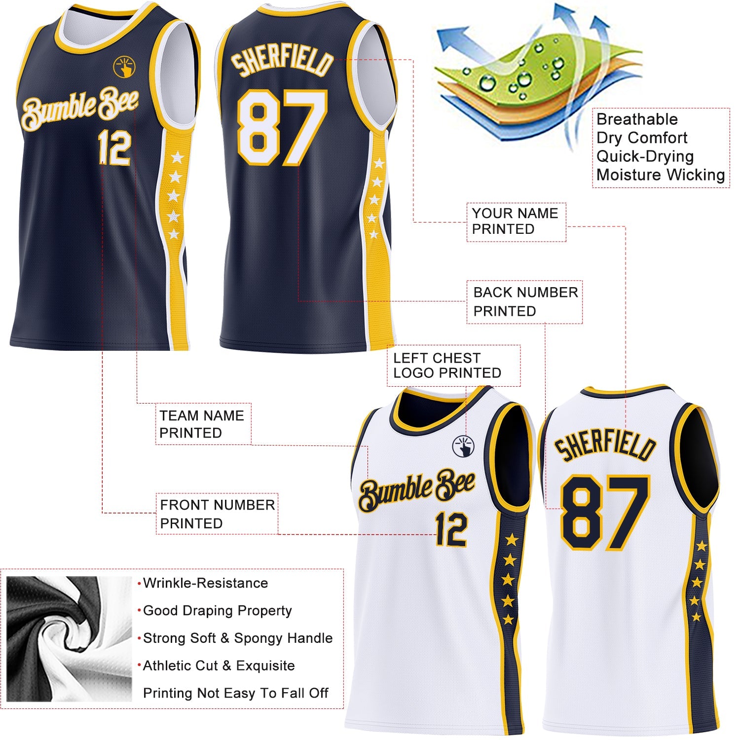 Custom Reversible Navy White-Gold Double Side Star Sublimation Basketball Set Jersey view 5
