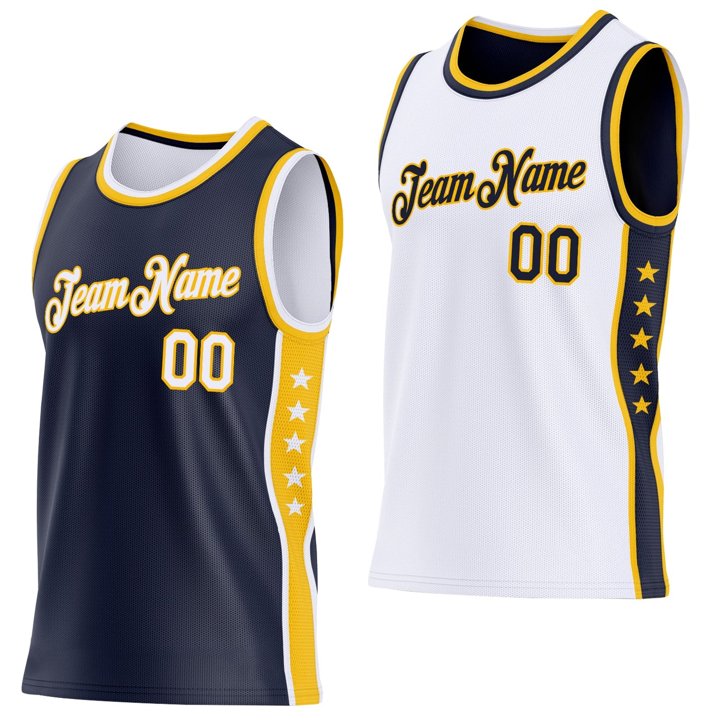 Custom Reversible Navy White-Gold Double Side Star Sublimation Basketball Set Jersey - Main View