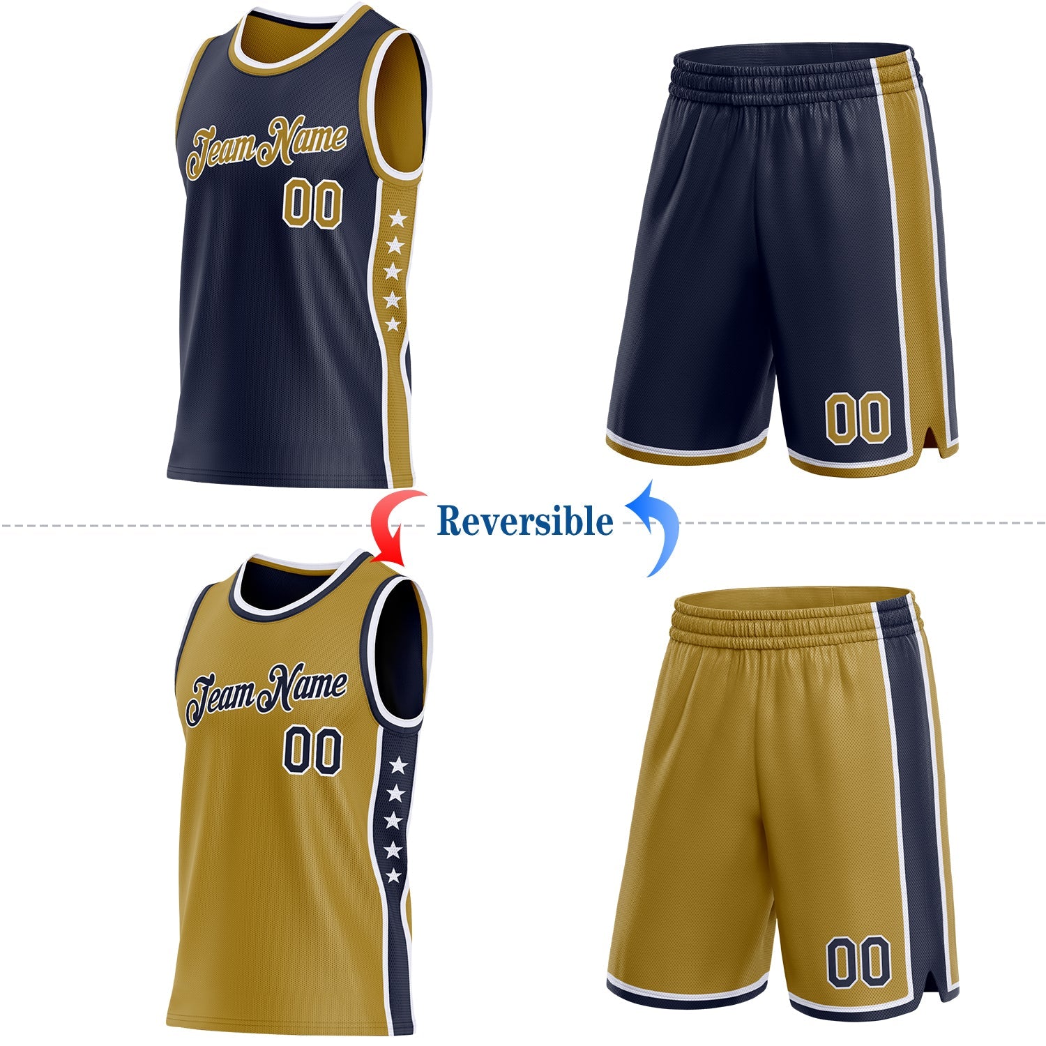 Custom Reversible Navy Old Gold-White Double Side Star Sublimation Basketball Set Jersey view 2