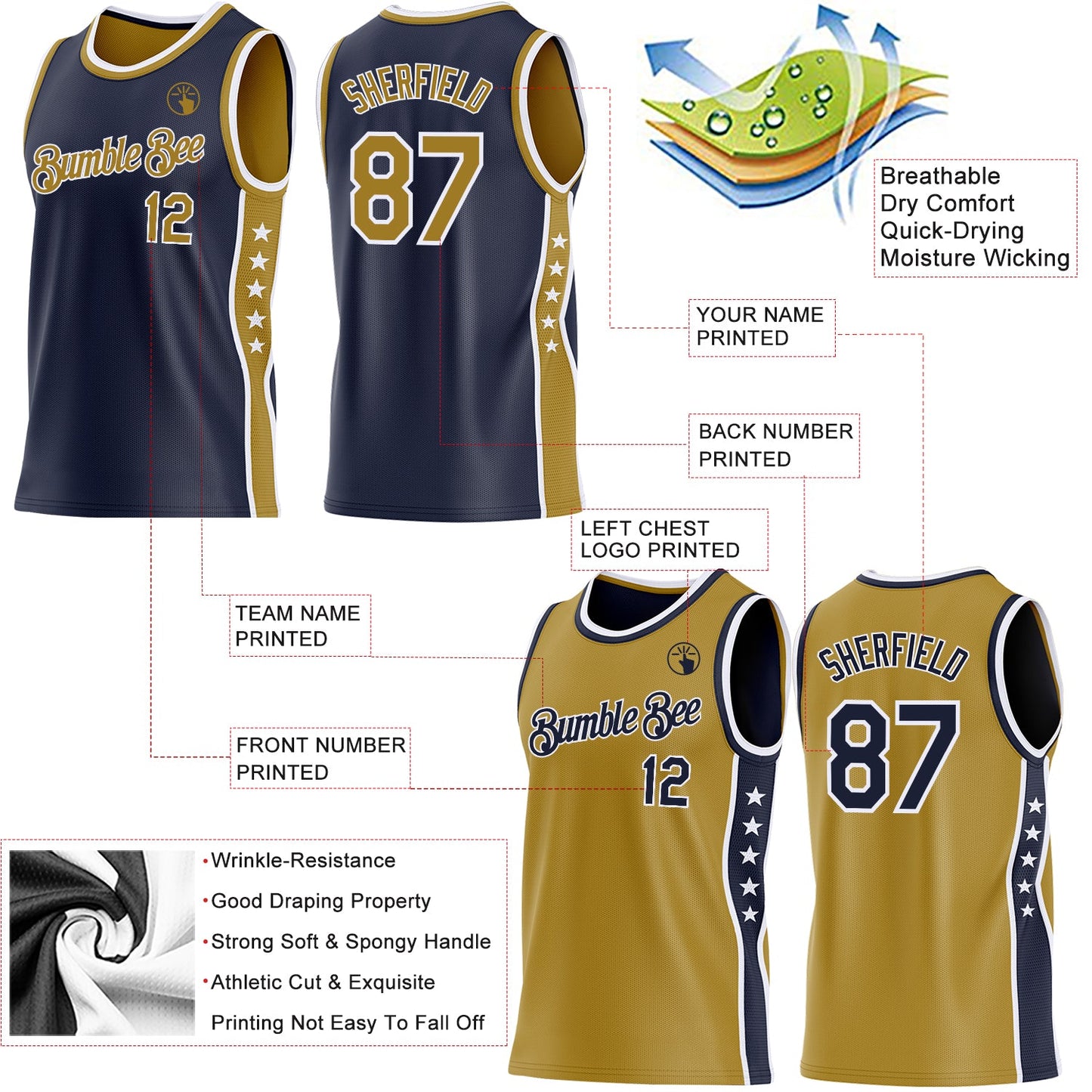 Custom Reversible Navy Old Gold-White Double Side Star Sublimation Basketball Set Jersey view 5