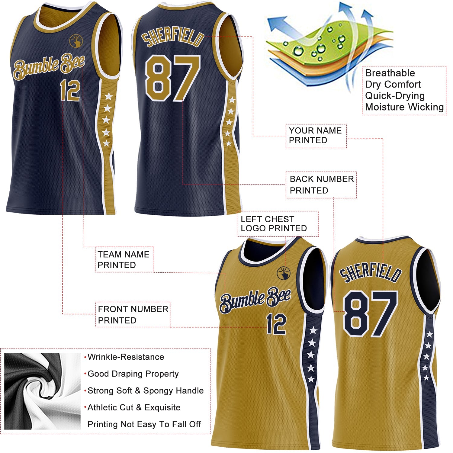 Custom Reversible Navy Old Gold-White Double Side Star Sublimation Basketball Set Jersey view 5