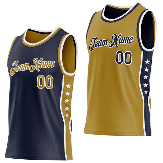Custom Reversible Navy Old Gold-White Double Side Star Sublimation Basketball Set Jersey - Main View