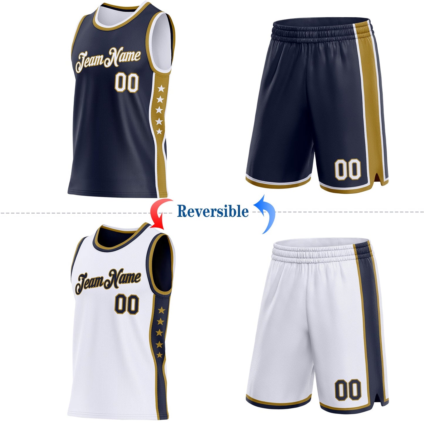Custom Reversible Navy White-Old Gold Double Side Star Sublimation Basketball Set Jersey view 2