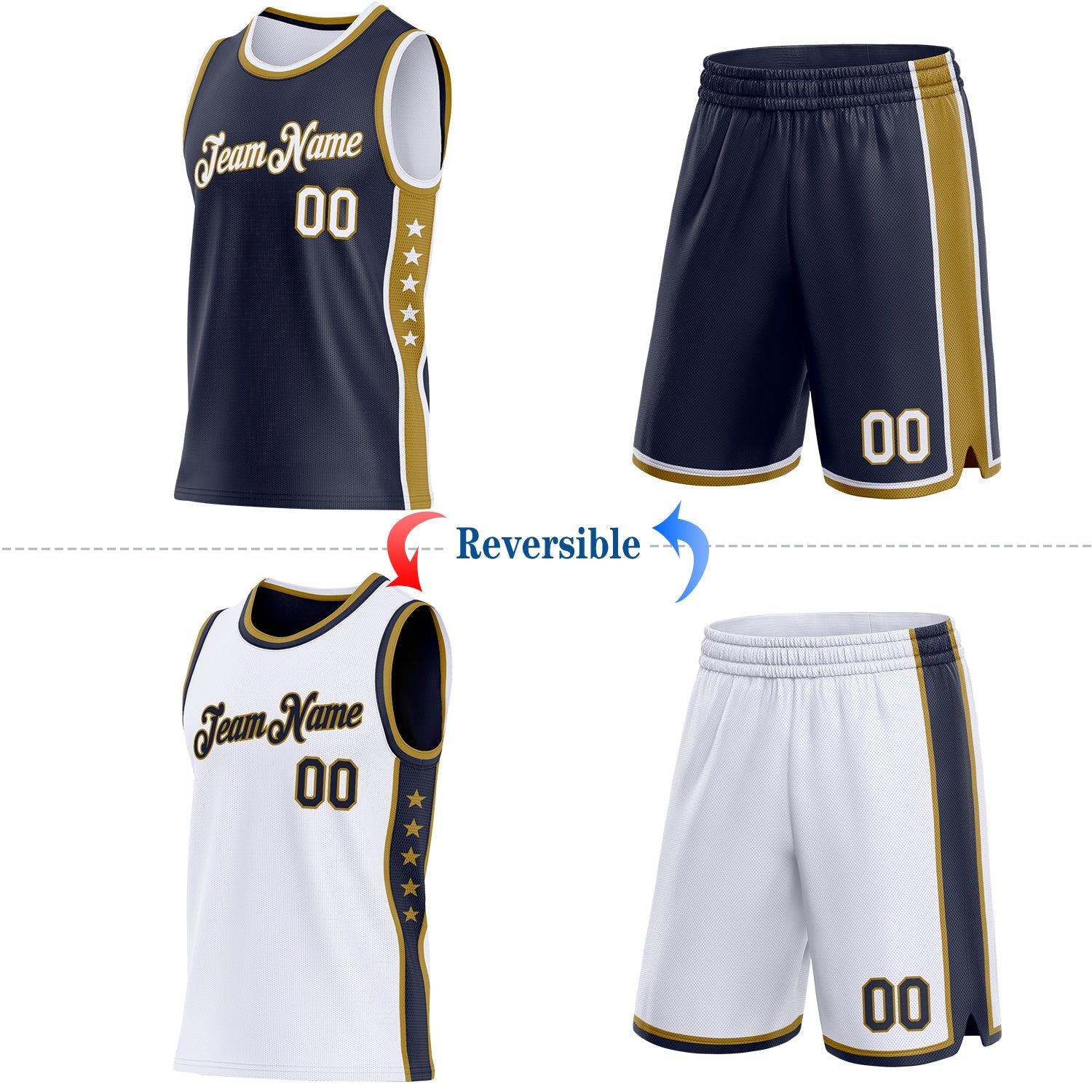 Custom Reversible Navy White-Old Gold Double Side Star Sublimation Basketball Set Jersey view 2