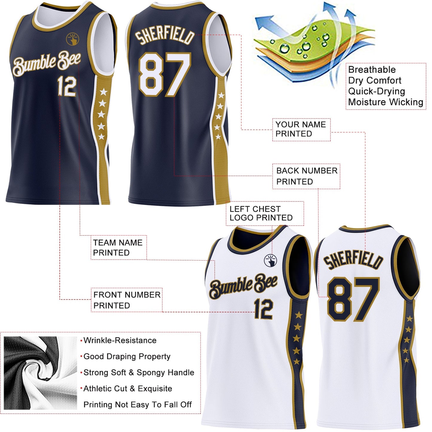 Custom Reversible Navy White-Old Gold Double Side Star Sublimation Basketball Set Jersey view 5