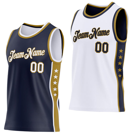 Custom Reversible Navy White-Old Gold Double Side Star Sublimation Basketball Set Jersey - Main View