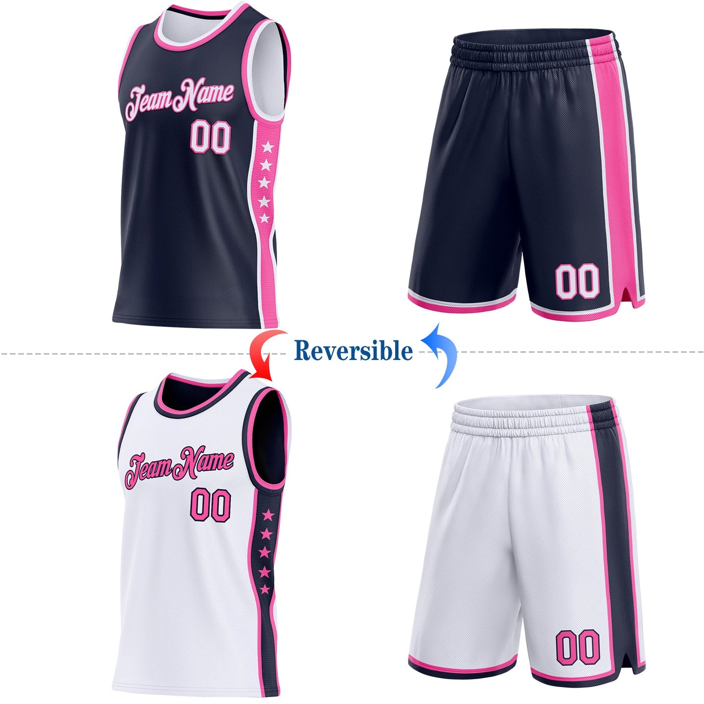 Custom Reversible Navy White-Pink Double Side Star Sublimation Basketball Set Jersey view 2