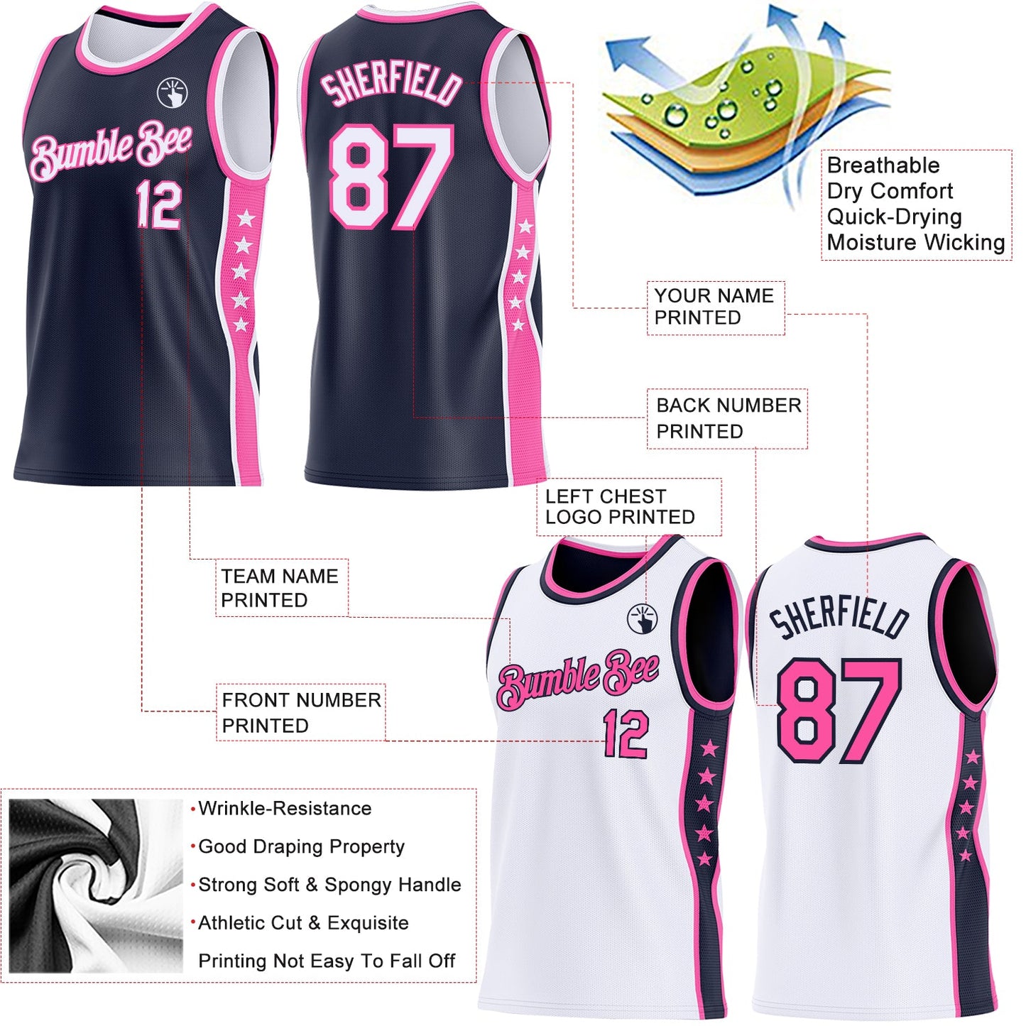 Custom Reversible Navy White-Pink Double Side Star Sublimation Basketball Set Jersey view 5