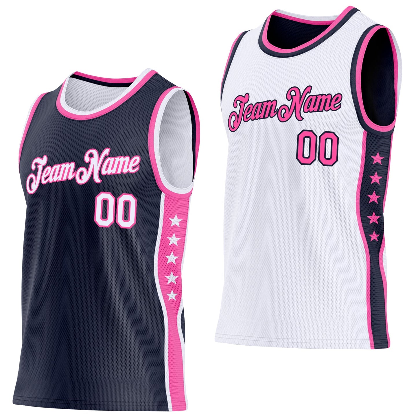 Custom Reversible Navy White-Pink Double Side Star Sublimation Basketball Set Jersey - Main View