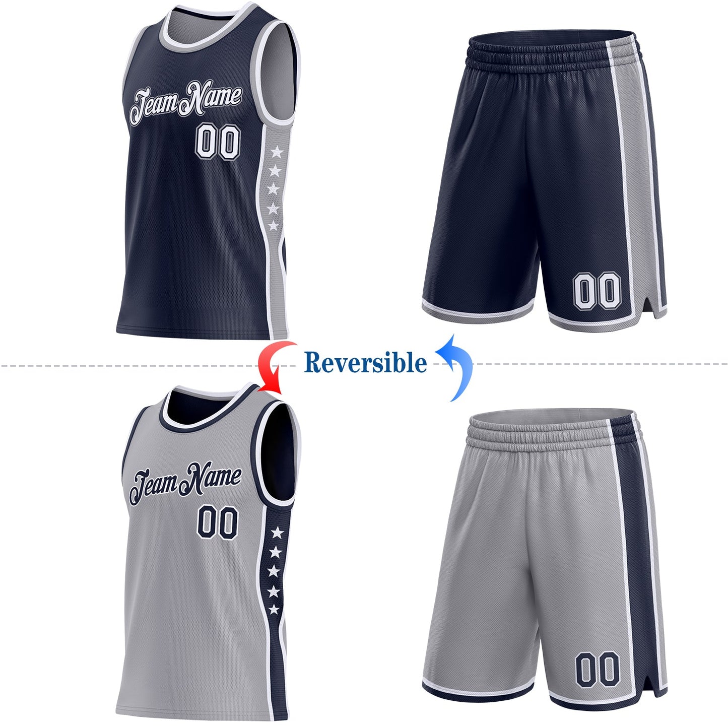 Custom Reversible Navy White-Gray Double Side Star Sublimation Basketball Set Jersey view 2