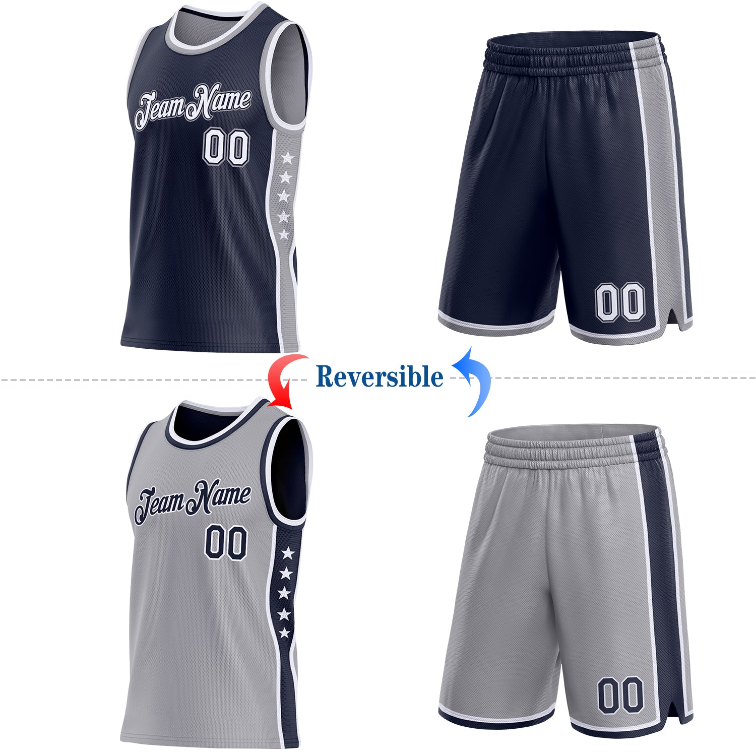 Custom Reversible Navy White-Gray Double Side Star Sublimation Basketball Set Jersey view 2