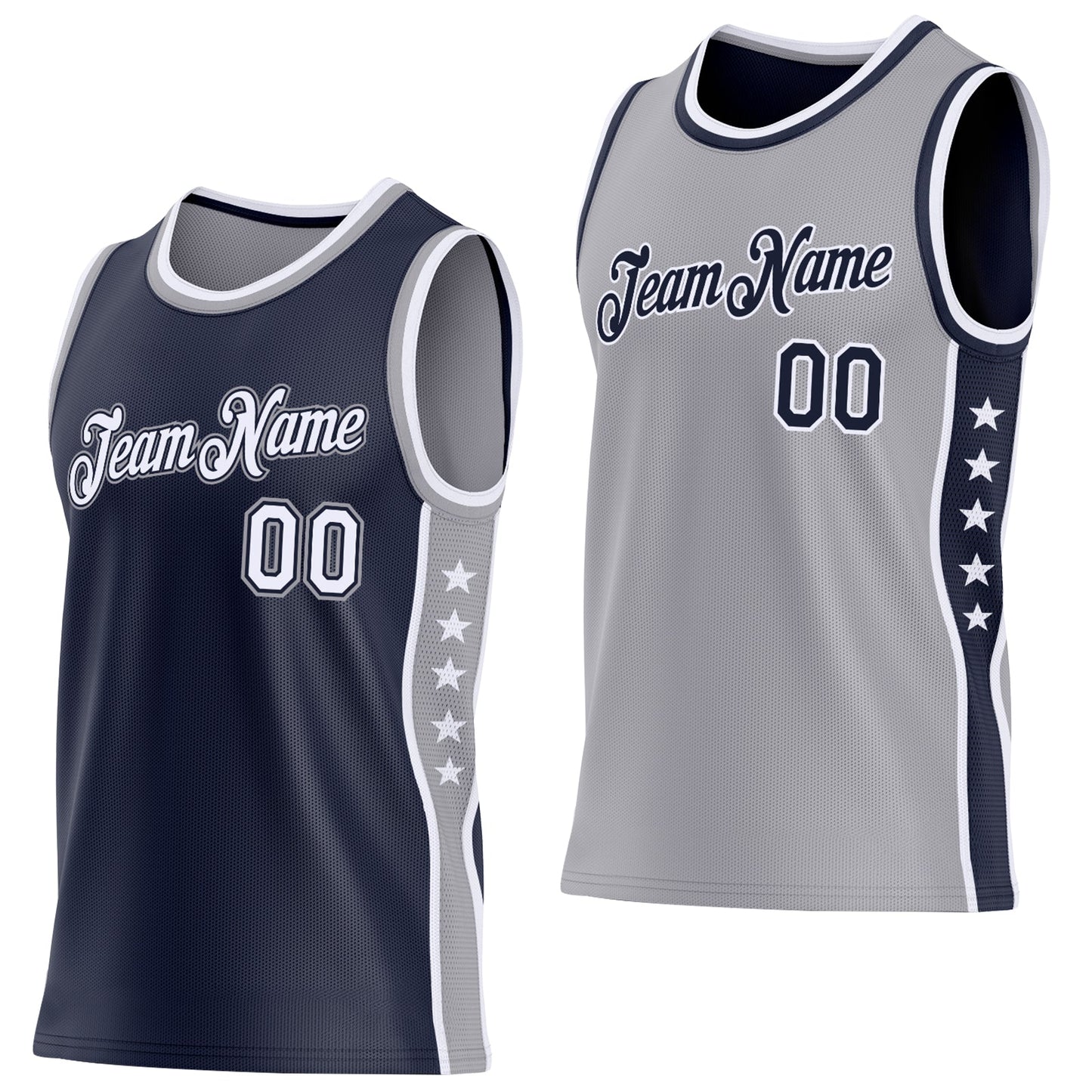 Custom Reversible Navy White-Gray Double Side Star Sublimation Basketball Set Jersey - Main View