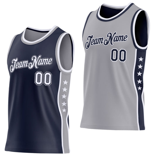 Custom Reversible Navy White-Gray Double Side Star Sublimation Basketball Set Jersey - Main View