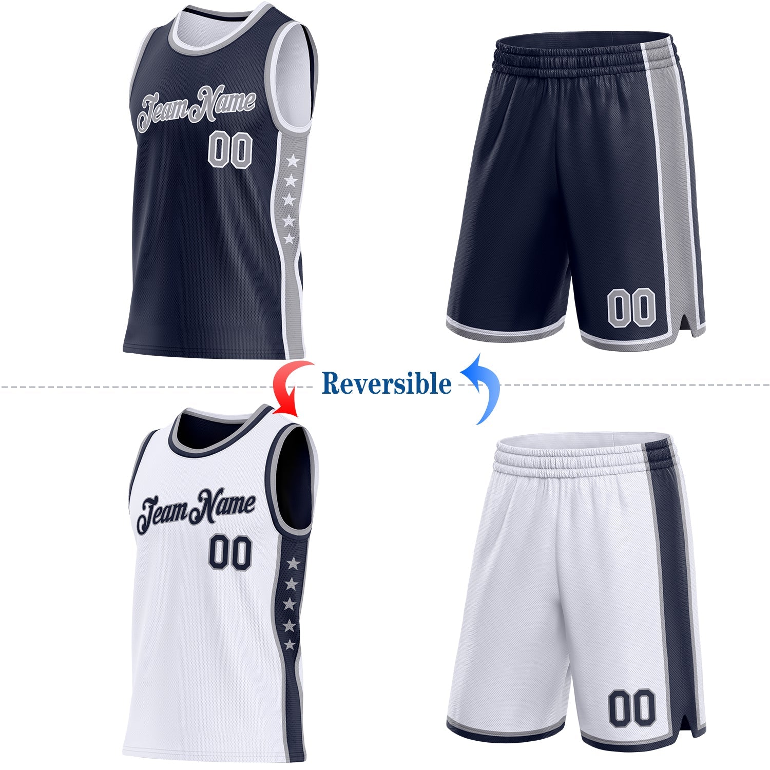 Custom Reversible Navy Gray-White Double Side Star Sublimation Basketball Set Jersey view 2