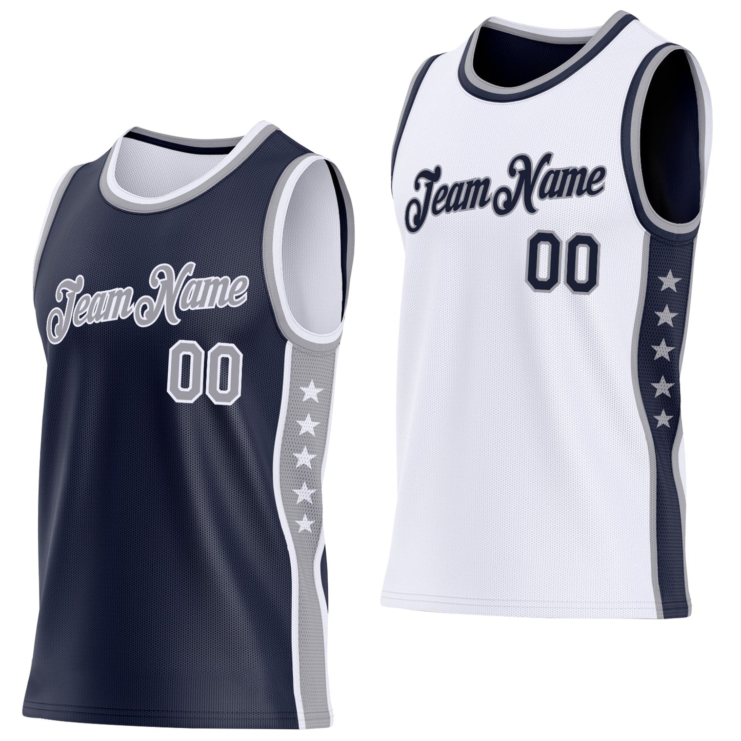 Custom Reversible Navy Gray-White Double Side Star Sublimation Basketball Set Jersey - Main View