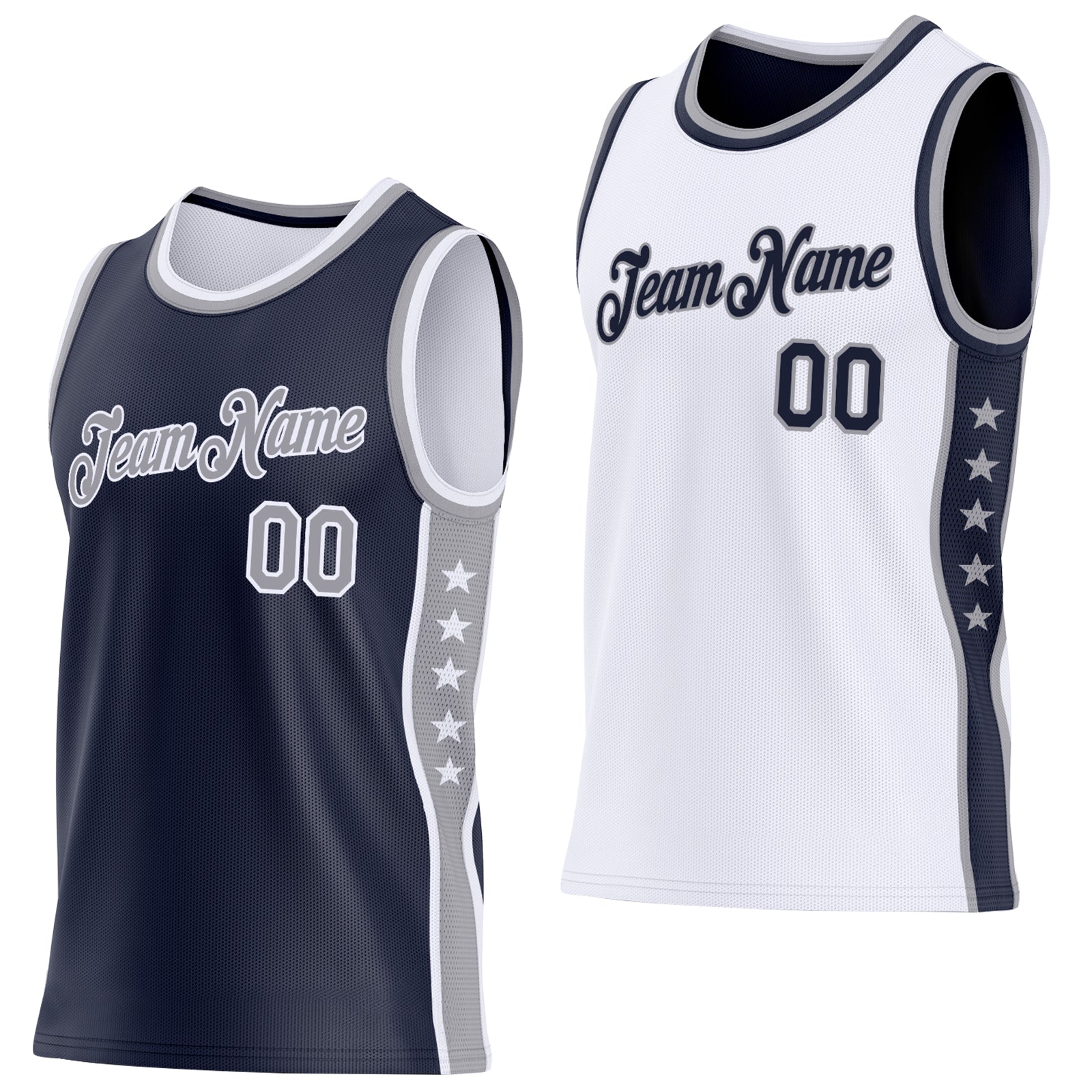 Custom Reversible Navy Gray-White Double Side Star Sublimation Basketball Set Jersey - Main View