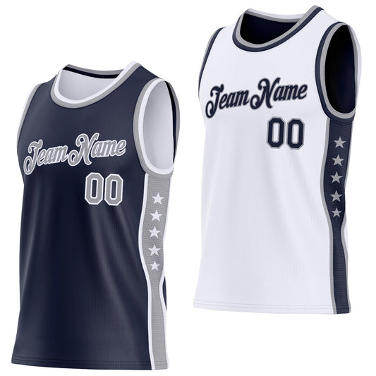 Custom Reversible Navy Gray-White Double Side Star Sublimation Basketball Set Jersey - Main View