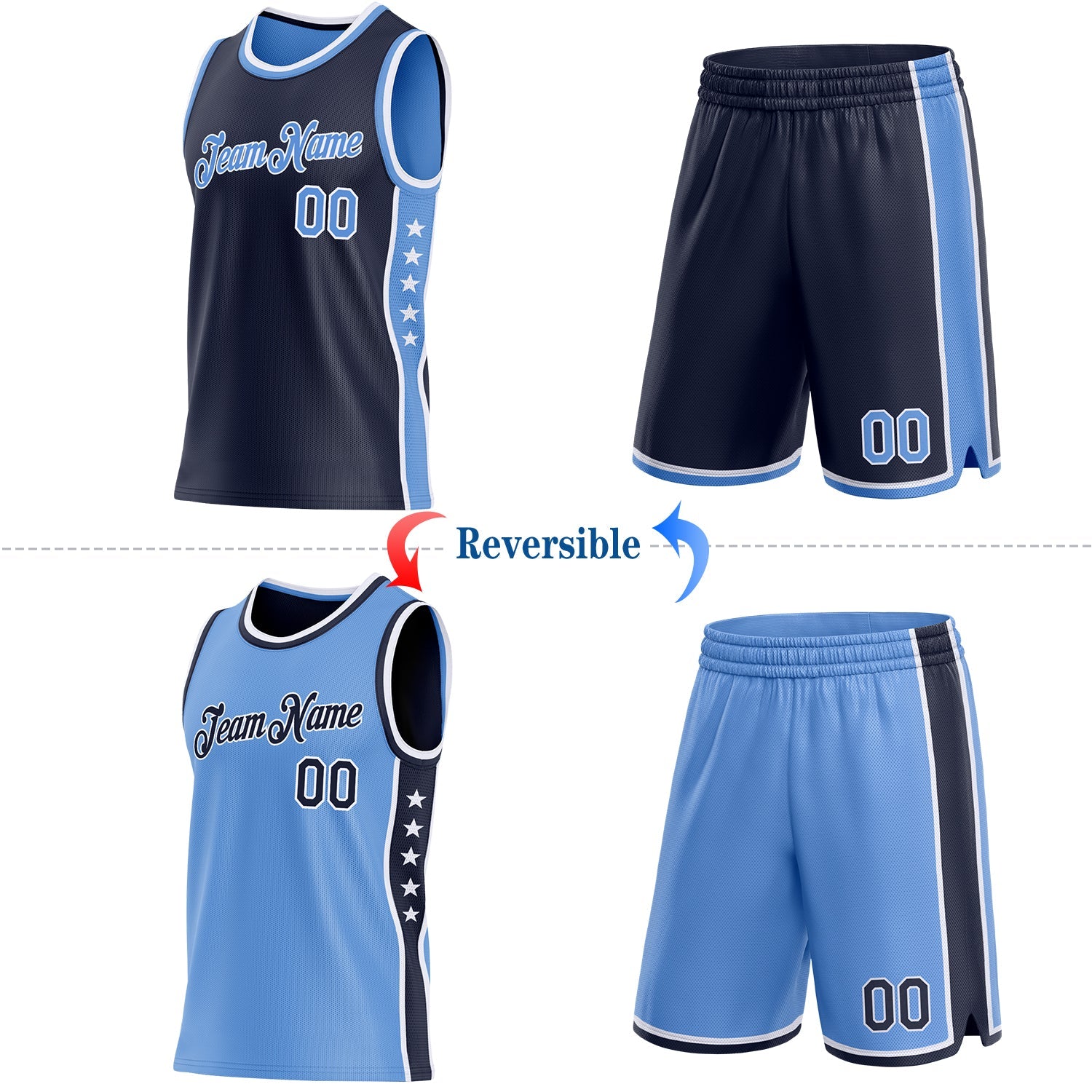 Custom Reversible Navy Lakes Blue-White Double Side Star Sublimation Basketball Set Jersey view 2