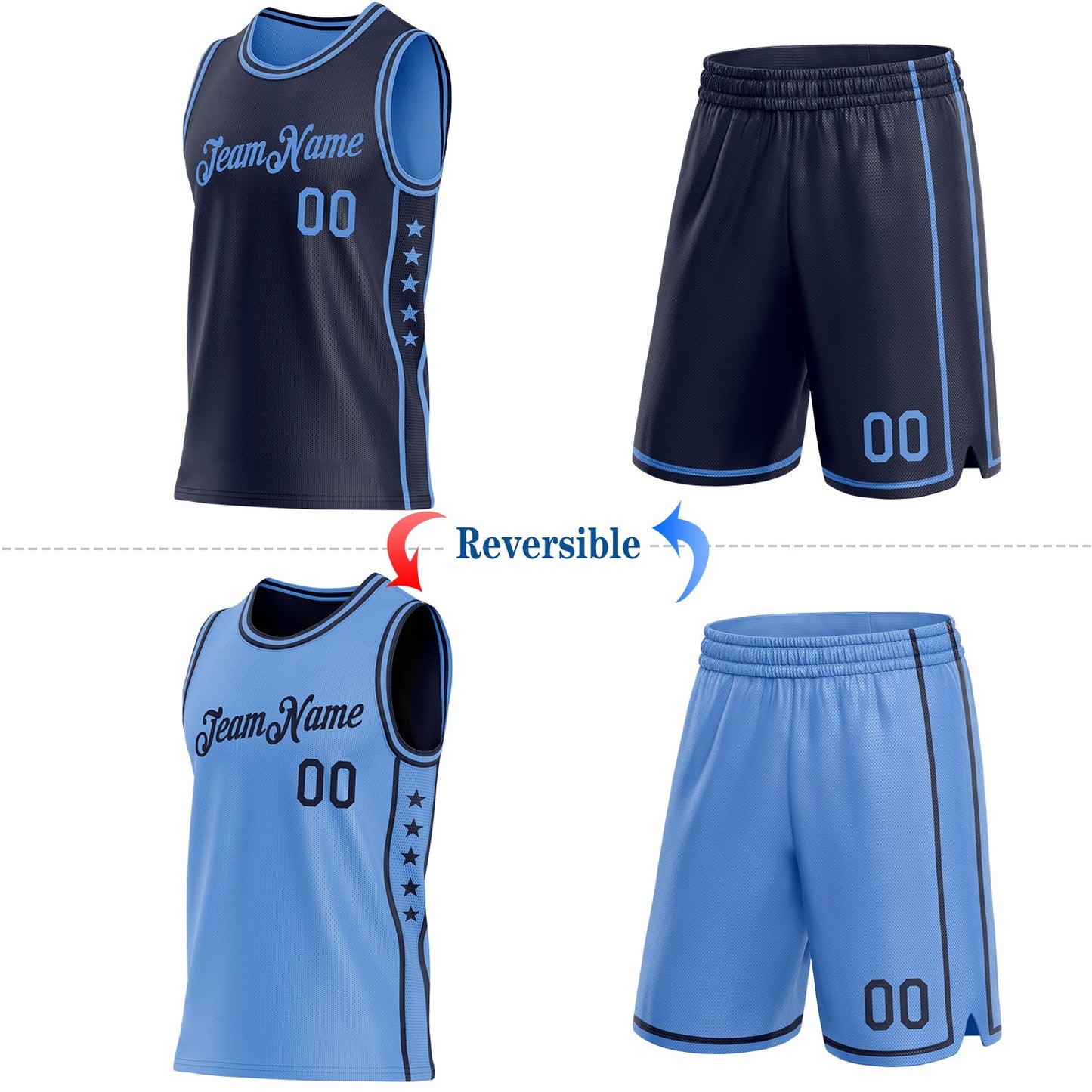 Custom Reversible Navy Lakes Blue Double Side Star Sublimation Basketball Set Jersey view 2