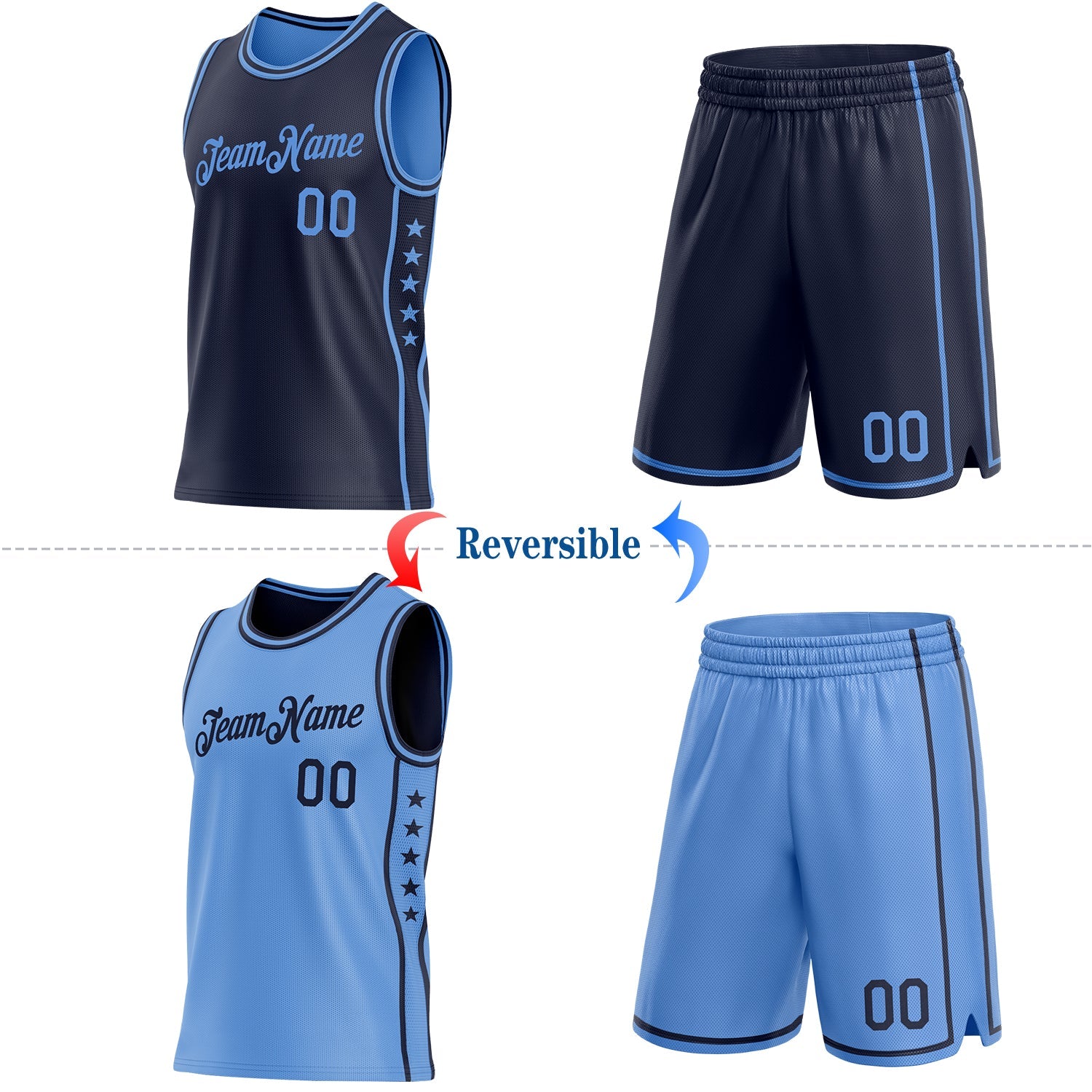 Custom Reversible Navy Lakes Blue Double Side Star Sublimation Basketball Set Jersey view 2