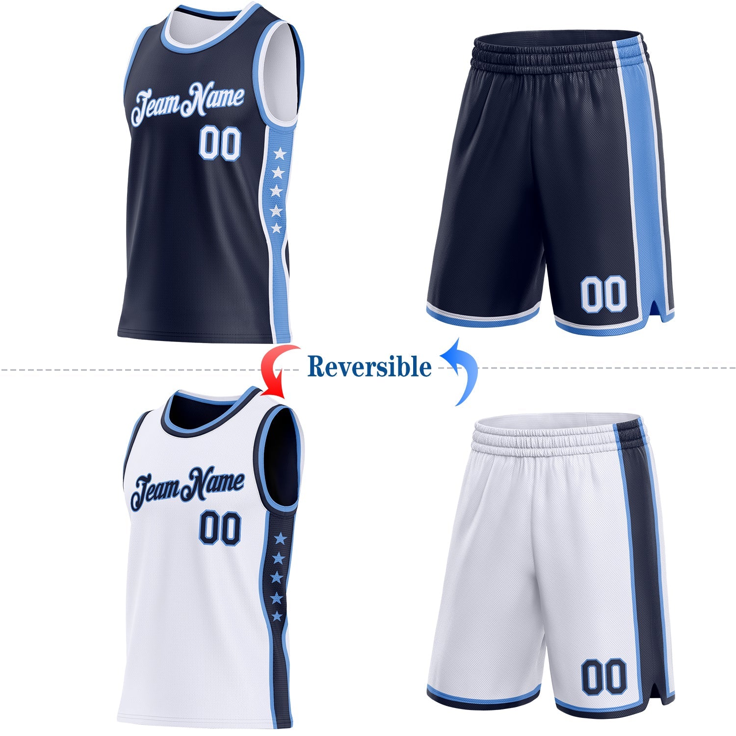 Custom Reversible Navy White-Lakes Blue Double Side Star Sublimation Basketball Set Jersey view 2