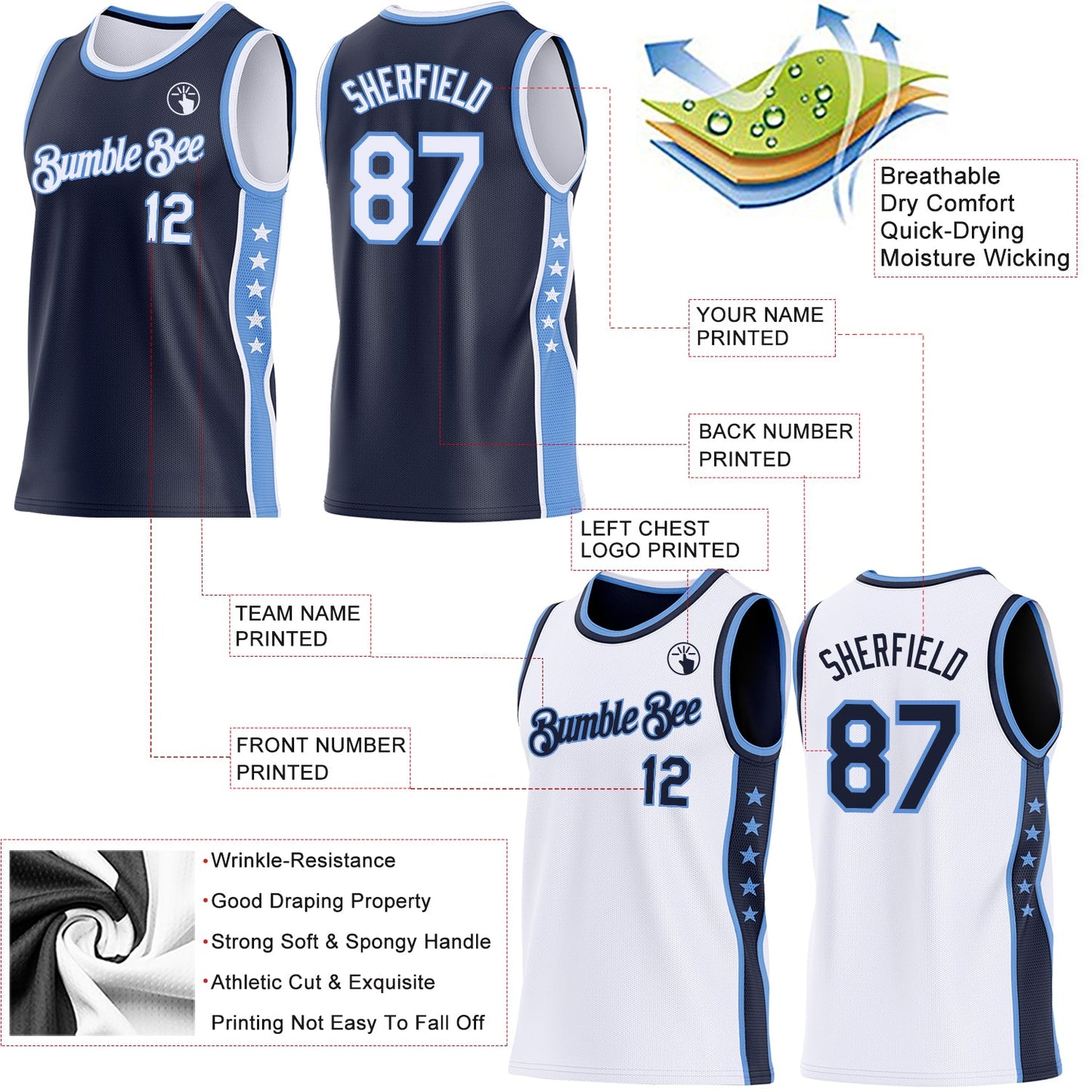 Custom Reversible Navy White-Lakes Blue Double Side Star Sublimation Basketball Set Jersey view 5