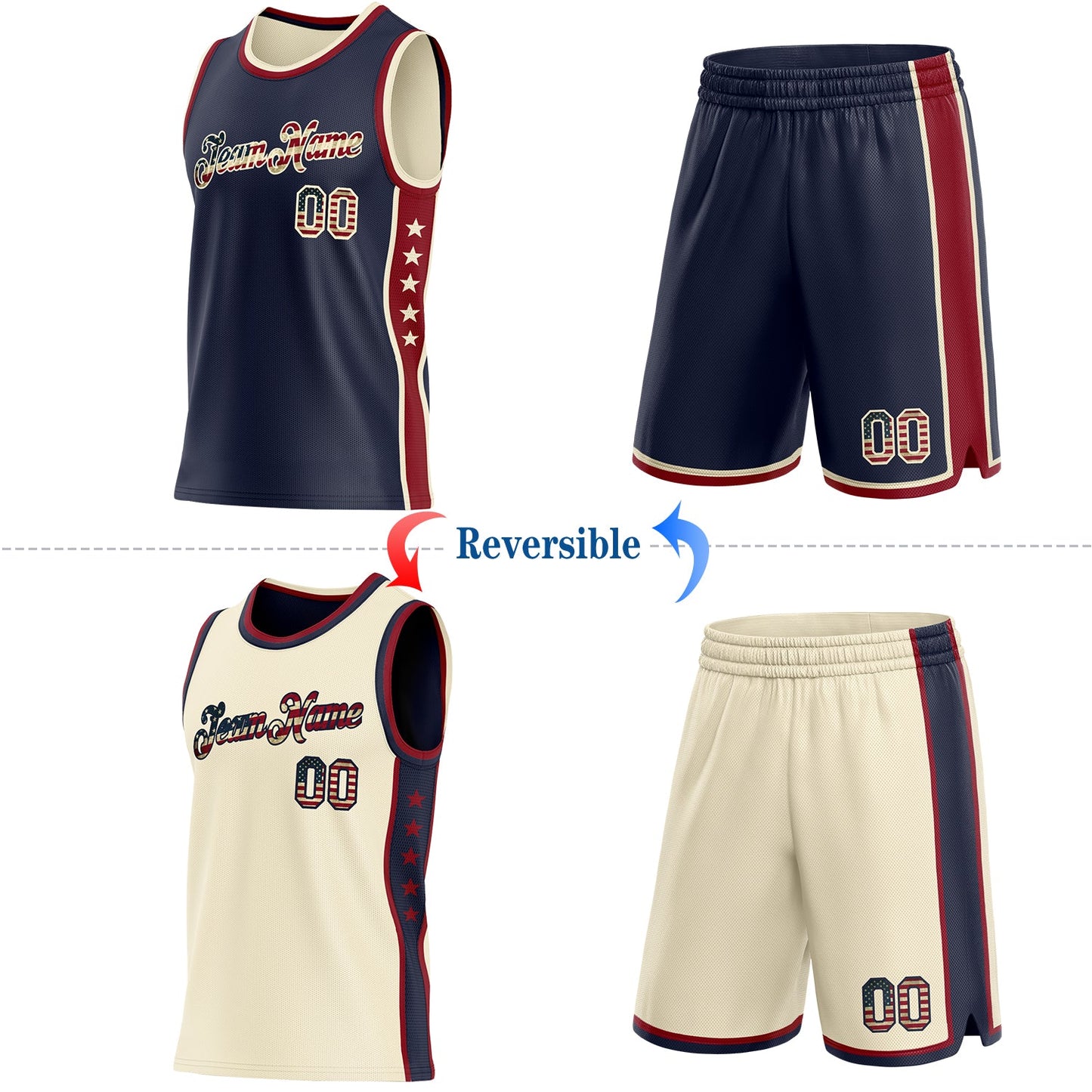 Custom Reversible Navy Vintage USA Flag-Cream Double Side Star Sublimation Basketball Set Jersey view 2