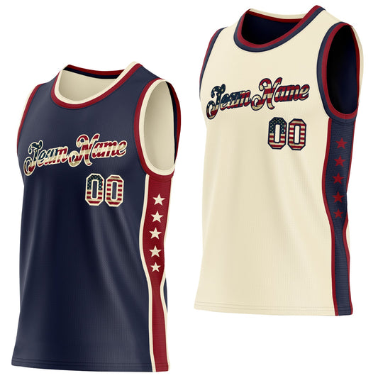 Custom Reversible Navy Vintage USA Flag-Cream Double Side Star Sublimation Basketball Set Jersey - Main View