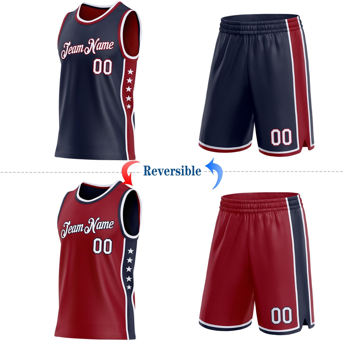 Custom Reversible Navy White-Crimson Double Side Star Sublimation Basketball Set Jersey view 2