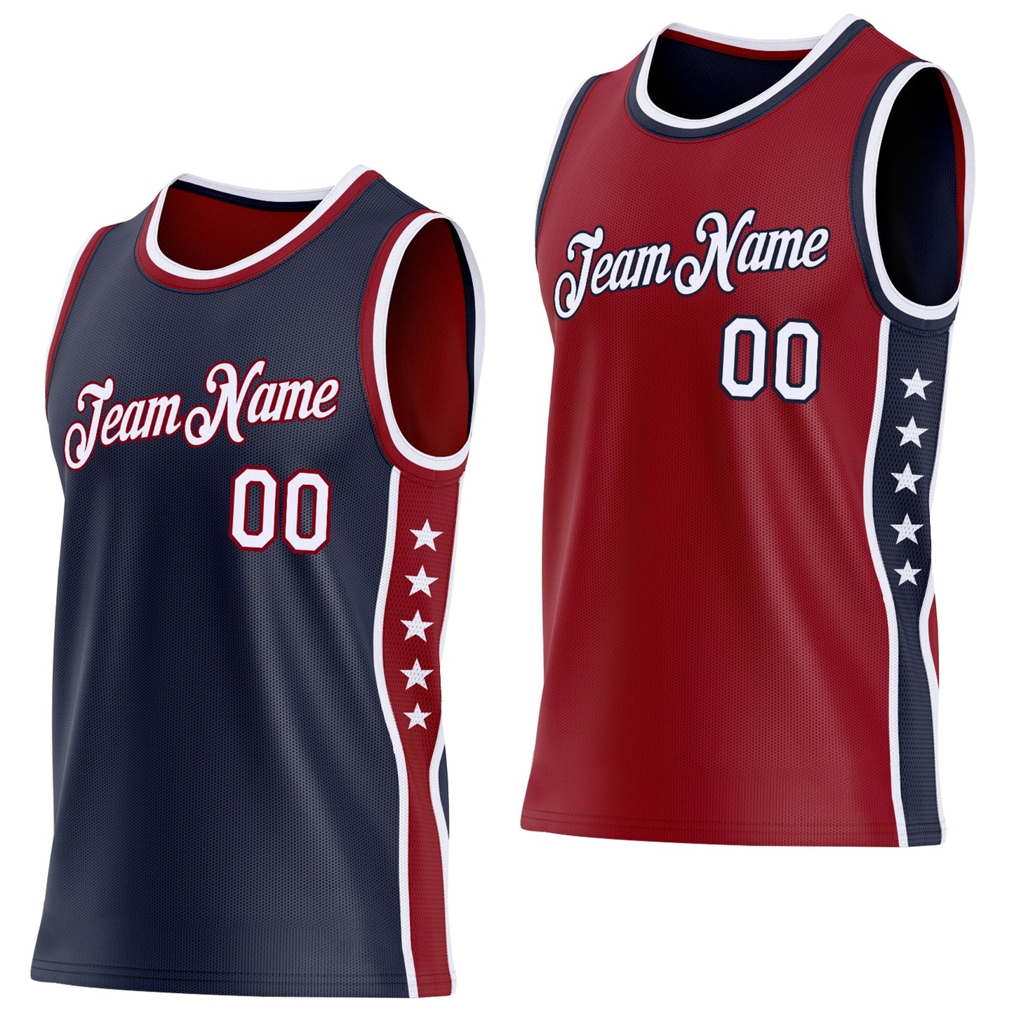 Custom Reversible Navy White-Crimson Double Side Star Sublimation Basketball Set Jersey - Main View