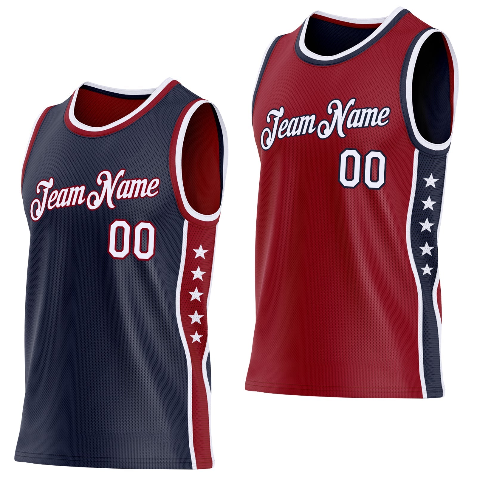 Custom Reversible Navy White-Crimson Double Side Star Sublimation Basketball Set Jersey - Main View