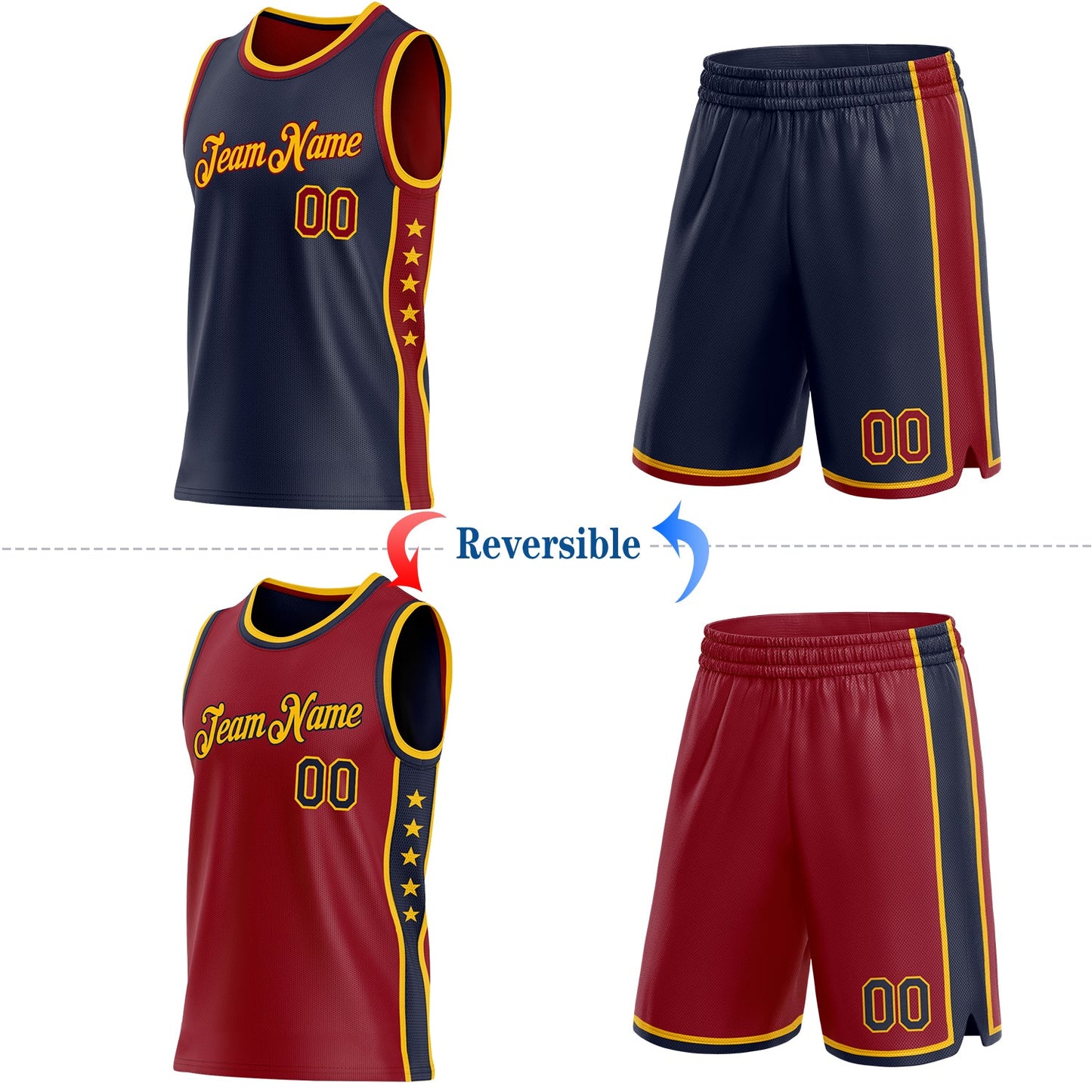 Custom Reversible Navy Crimson-Gold Double Side Star Sublimation Basketball Set Jersey view 2