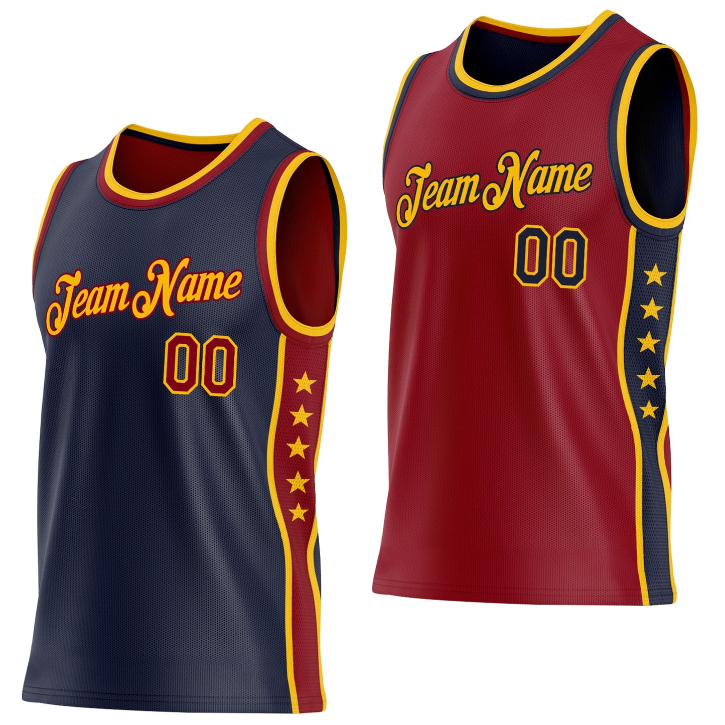 Custom Reversible Navy Crimson-Gold Double Side Star Sublimation Basketball Set Jersey - Main View