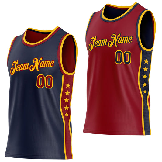 Custom Reversible Navy Crimson-Gold Double Side Star Sublimation Basketball Set Jersey - Main View