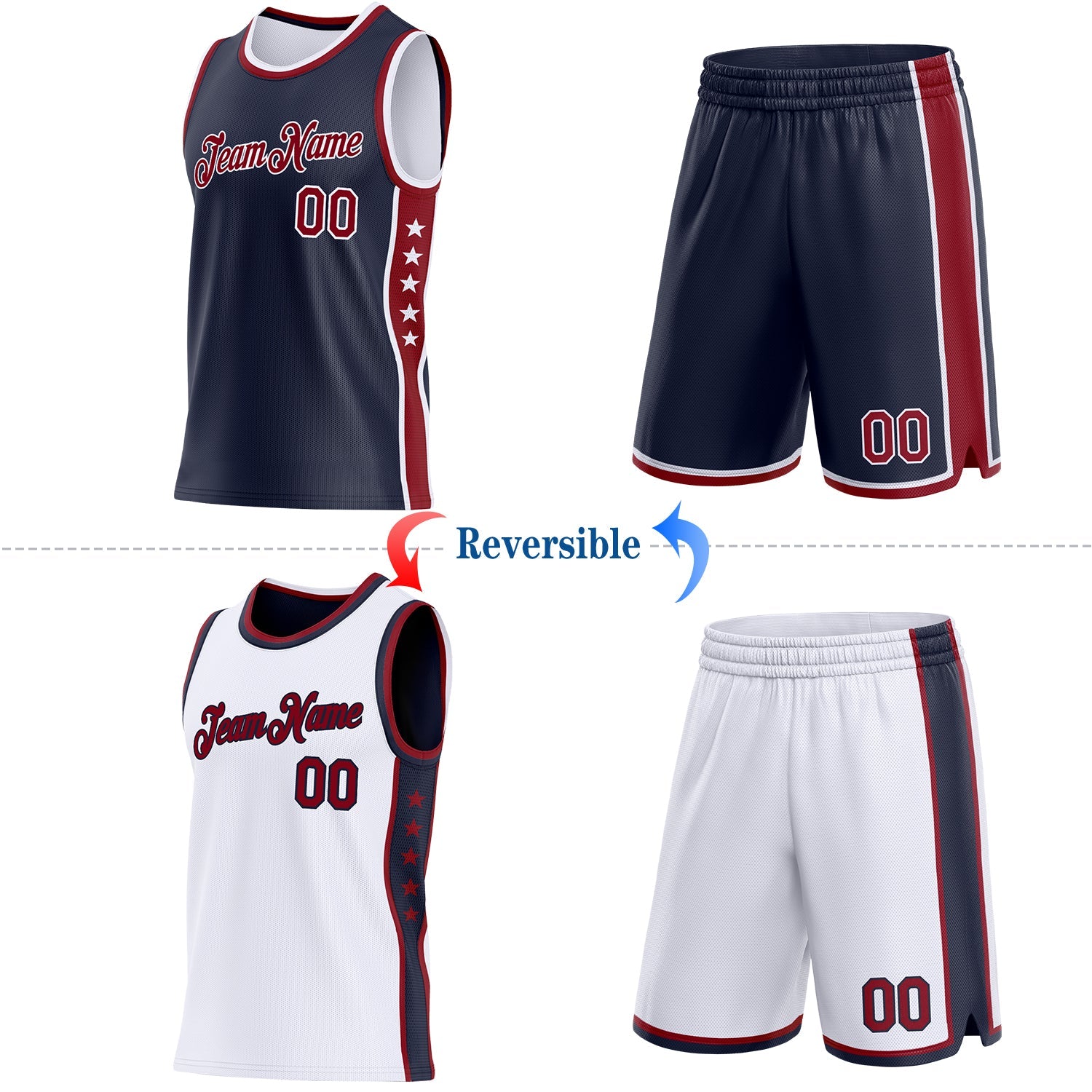 Custom Reversible Navy Crimson-White Double Side Star Sublimation Basketball Set Jersey view 2